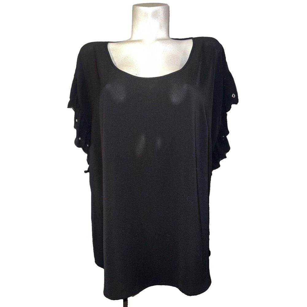 Michael Kors Black Ruffle Grommet Sleeve Blouse Scoop‎ Neck Plus Size 1X NEW